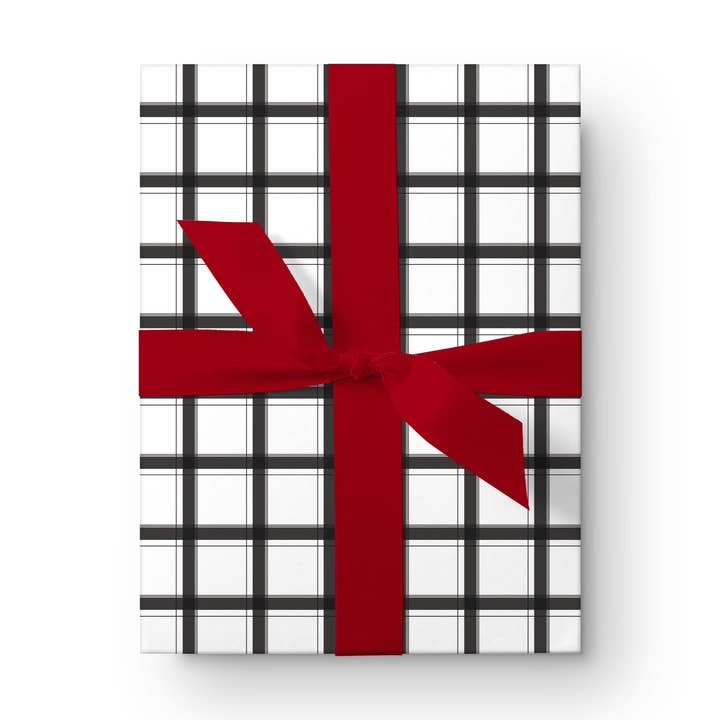 Plaidtastic Black and White Plaid Wrapping Paper for wholesale by Kartoti Designs