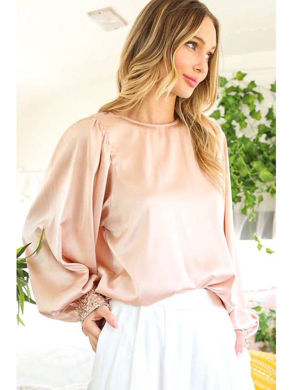 Vine & Love - Wholesale Blouse – Women’s - Sequin Cuff Accent Crew Neck Satin Blouse Top VT8125914