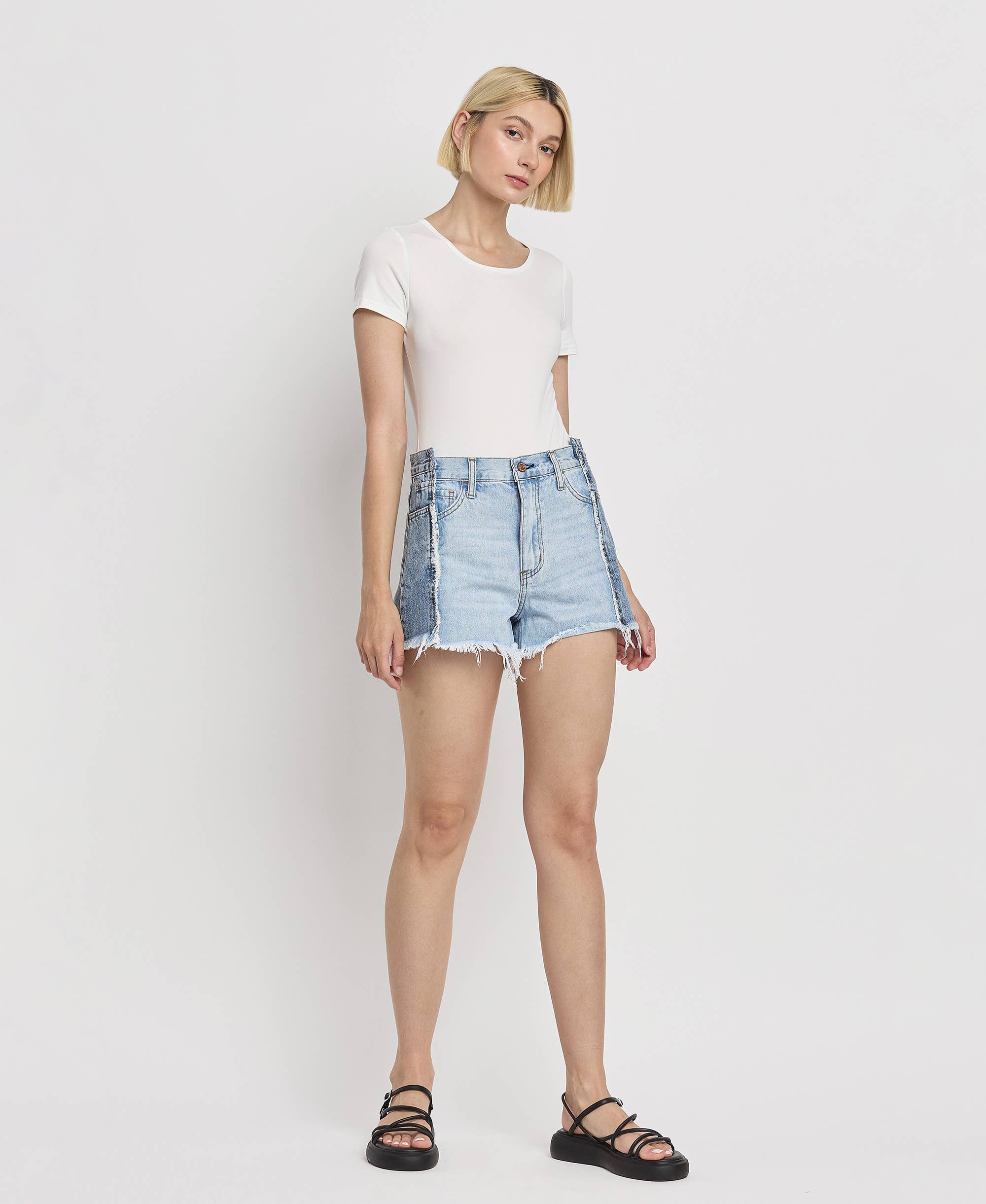 FUTURESTIC HIGH RISE TWO TONE PATCH DENIM SHORTS BY4330 for wholesale on Faire3