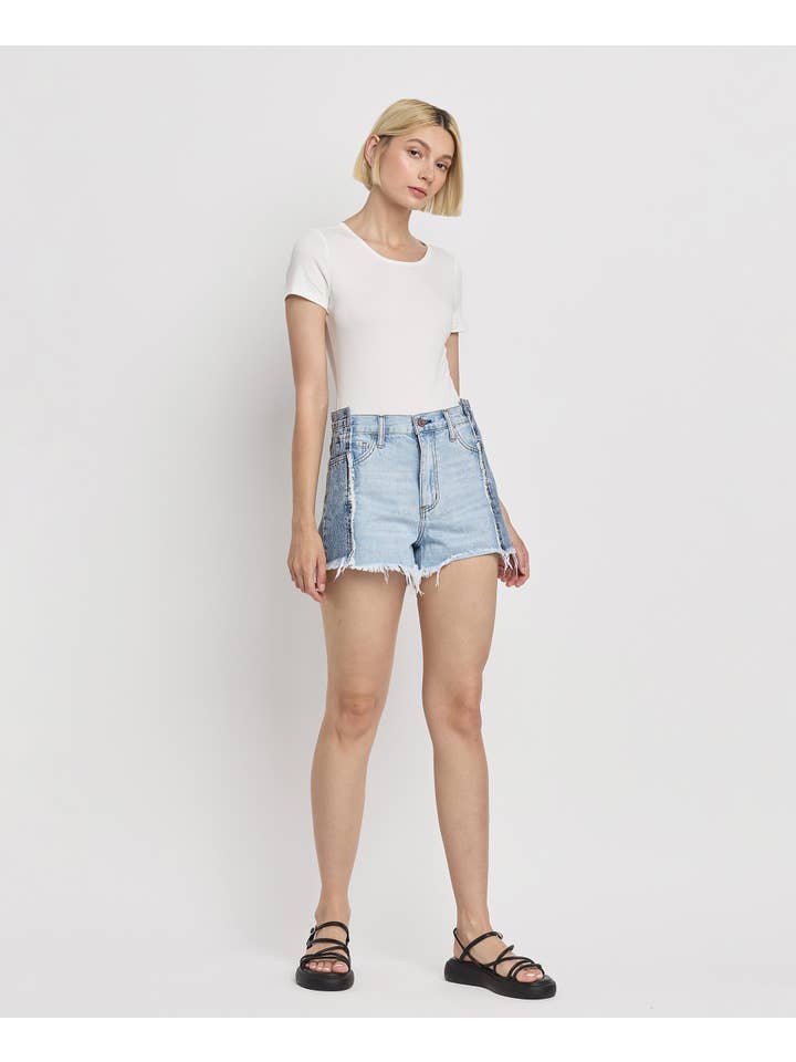 FUTURESTIC HIGH RISE TWO TONE PATCH DENIM SHORTS BY4330 for wholesale on Faire3
