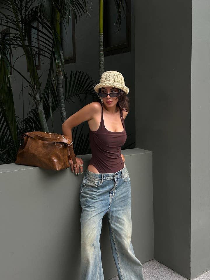 Draped Strappy Bodysuit Brown for wholesale by JUSTE