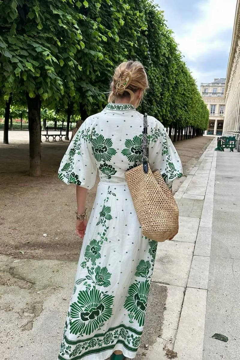 GREEN CWDMD4143_V-NECK LANTERN SLEEVE PRINTED LONG DRESS for wholesale on Faire2