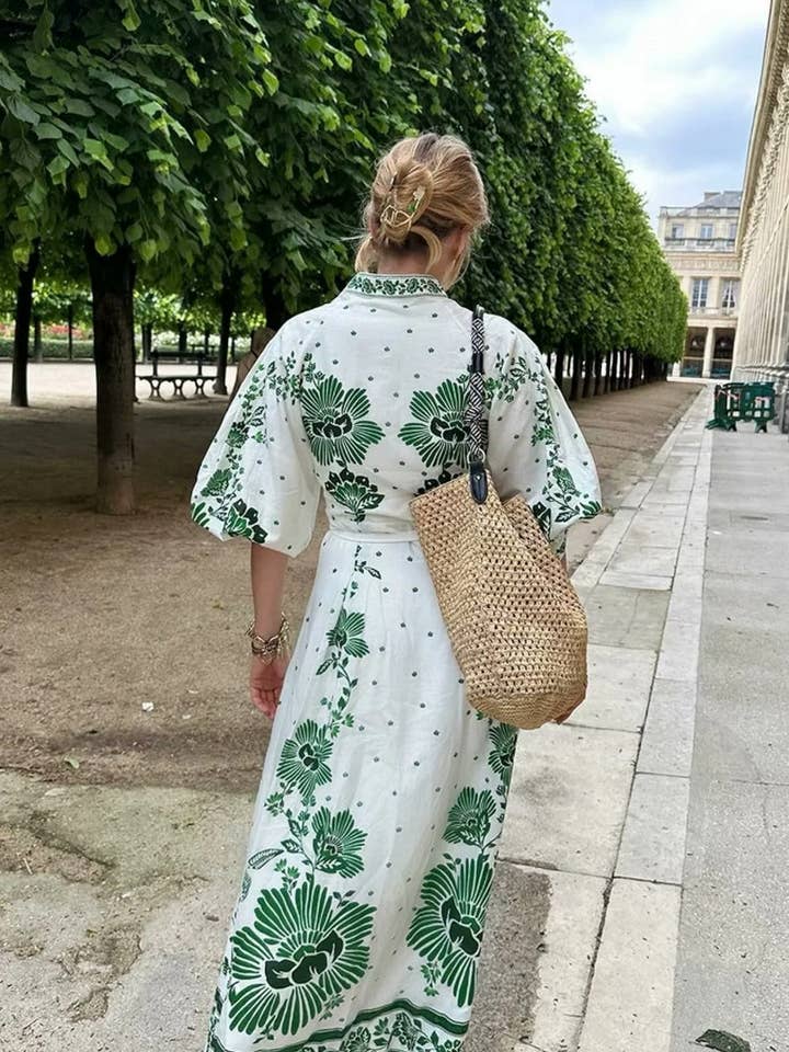 GREEN CWDMD4143_V-NECK LANTERN SLEEVE PRINTED LONG DRESS for wholesale on Faire2