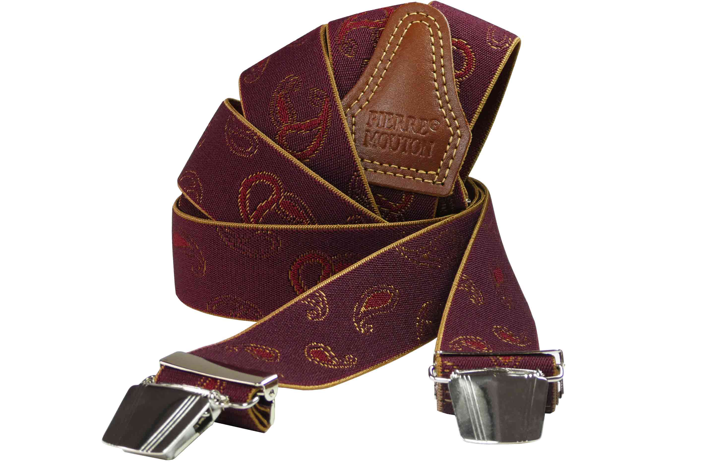 Pierre Mouton – Großhandel Gürtel – Unisex – Zahnspange Paisley Rot 3 Clips/120 cm | Handgefertigt0