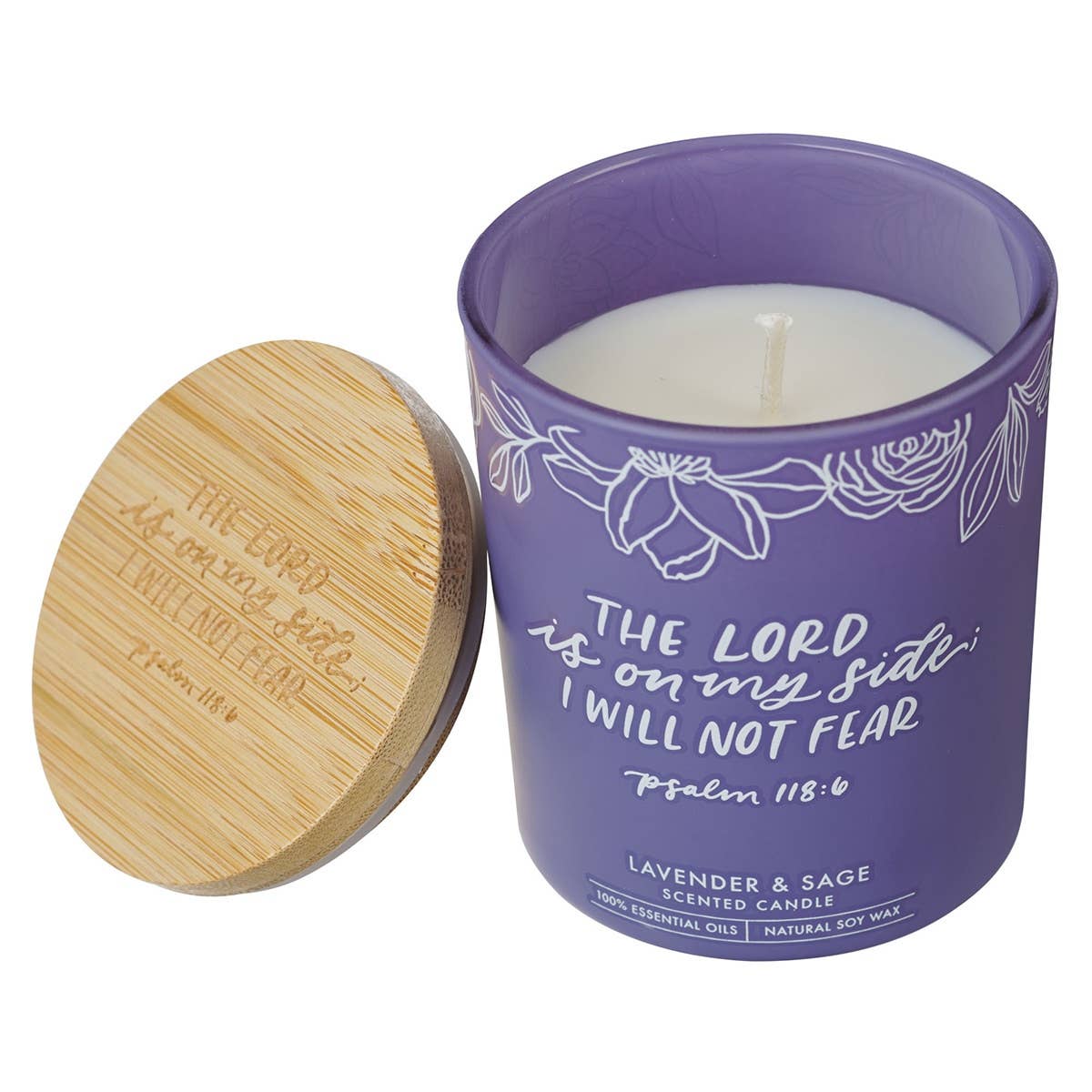 Christian Art Gifts - Wholesale Jar/Filled Candle - Glass Candle w/Bamboo Lid Purple No Fear Ps. 118:62