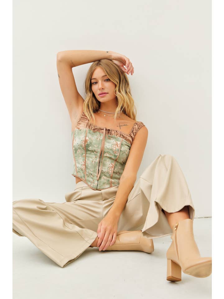 OLIVE ELEGANT FLORAL SATIN COLOR-BLOCK BUSTIER TOP for wholesale on Faire
