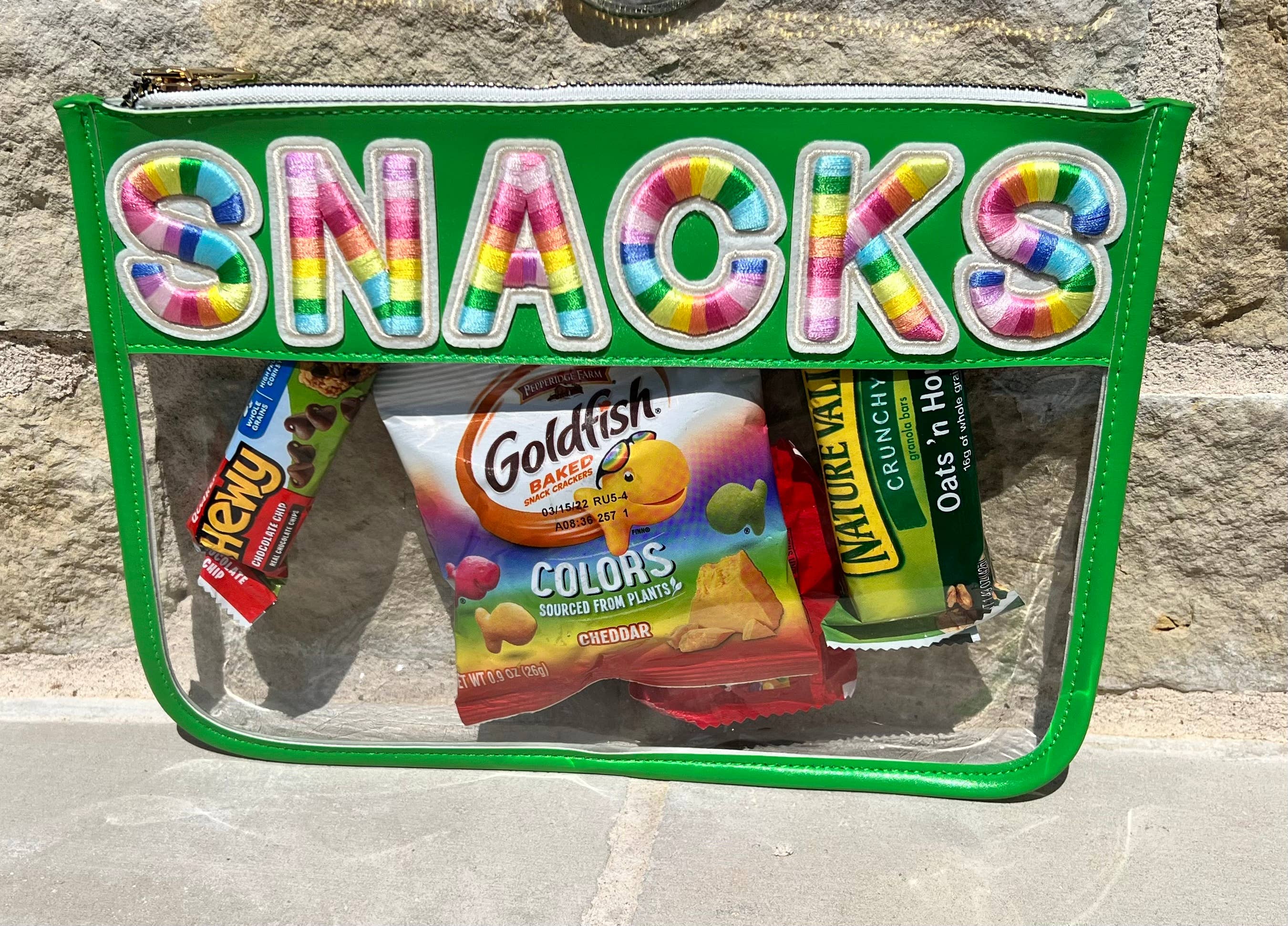 Dilworth Road - Wholesale Pouch - Women's - SNACKS  Faux Leather Zip Pouch with Chenille Letter Patch1