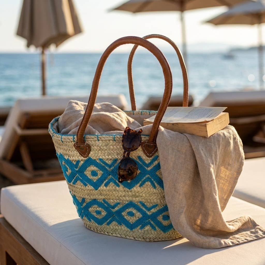 Melecraft - Vente Paniers - Cabas de marché en paille brodé d'arabesques avec poignées en cuir6