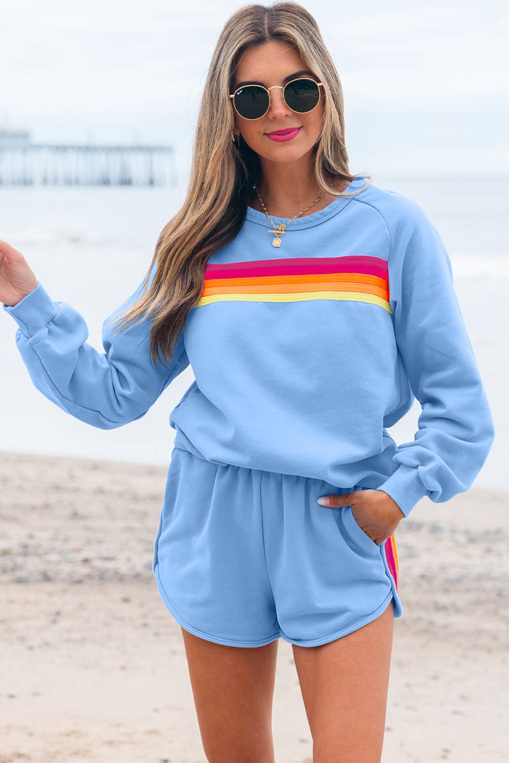 Babs + Birdie - Wholesale Lounge Set - Women's - Kenzie | Stripe Pullover and Shorts Two Piece Casual Set2