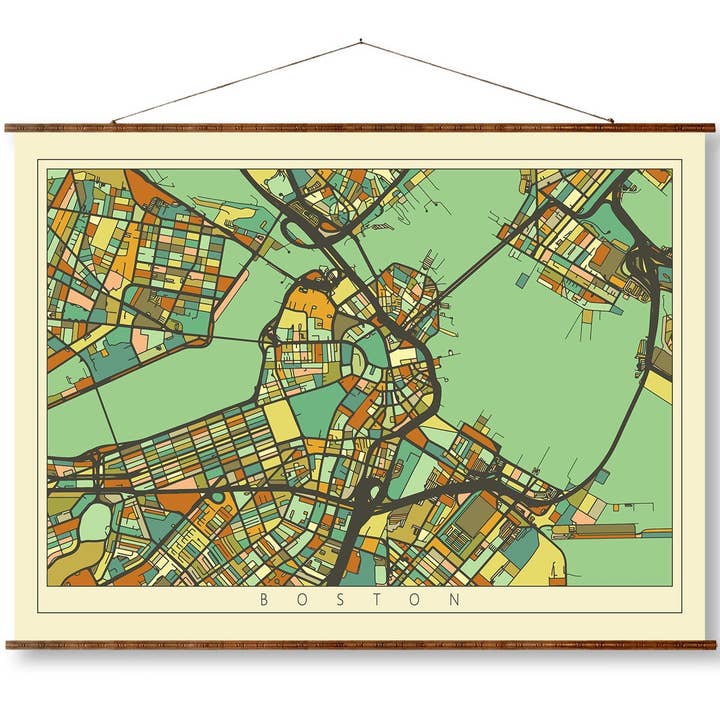 Boston Mosaic City Art Map Vintage Colored on Ready to Hang Roll Down Canvas Decorative Antique Wall Decor Map Scroll for wholesale by Maps Vintage