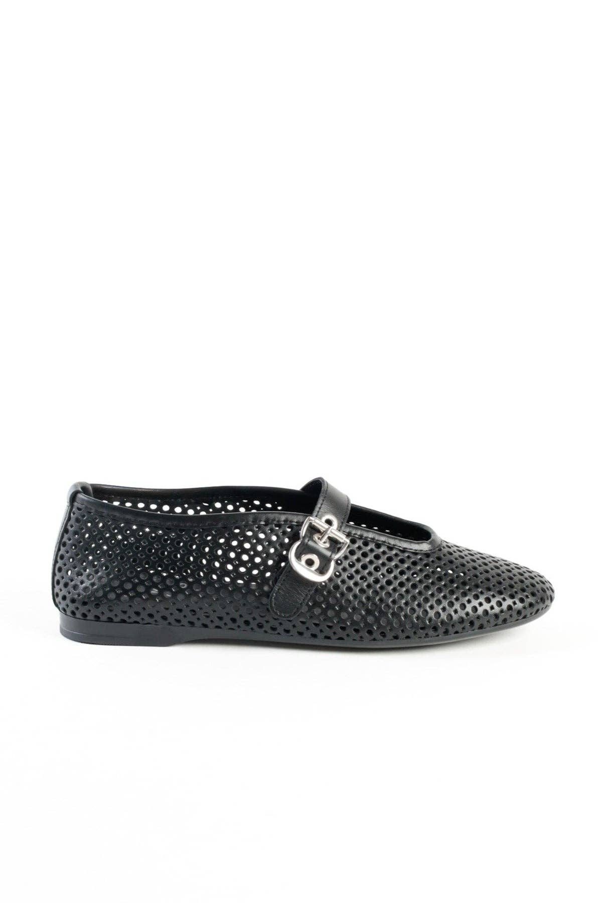 KMB Shoes - Wholesale Flats - Women's - CARROLL BLACK - Perforated Leather Ballet Flats with Buckle1