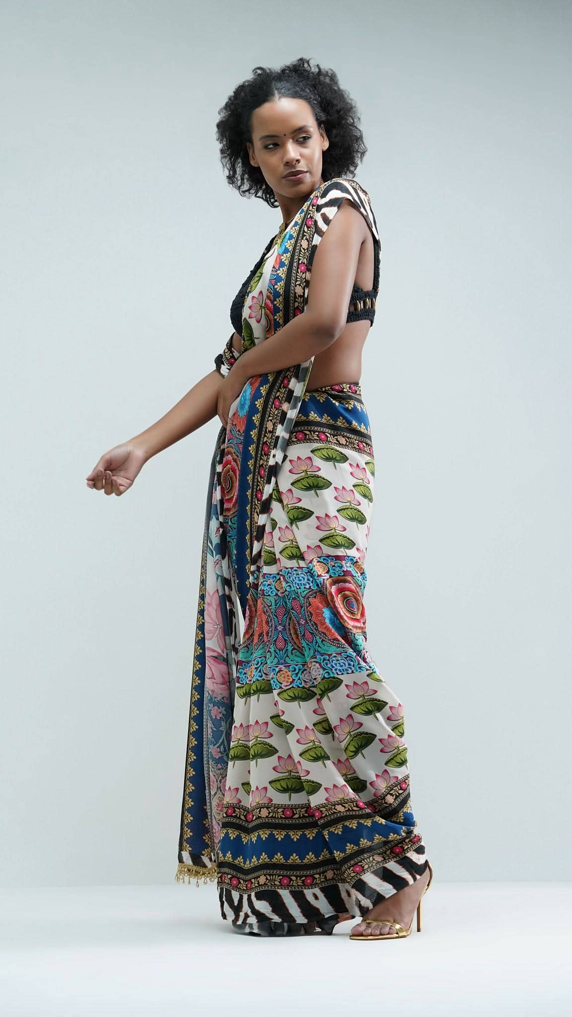 Black Nesavaali Tamarai Pre-Stitched Printed Saree - A Tribute to Tradition for wholesale on Faire3