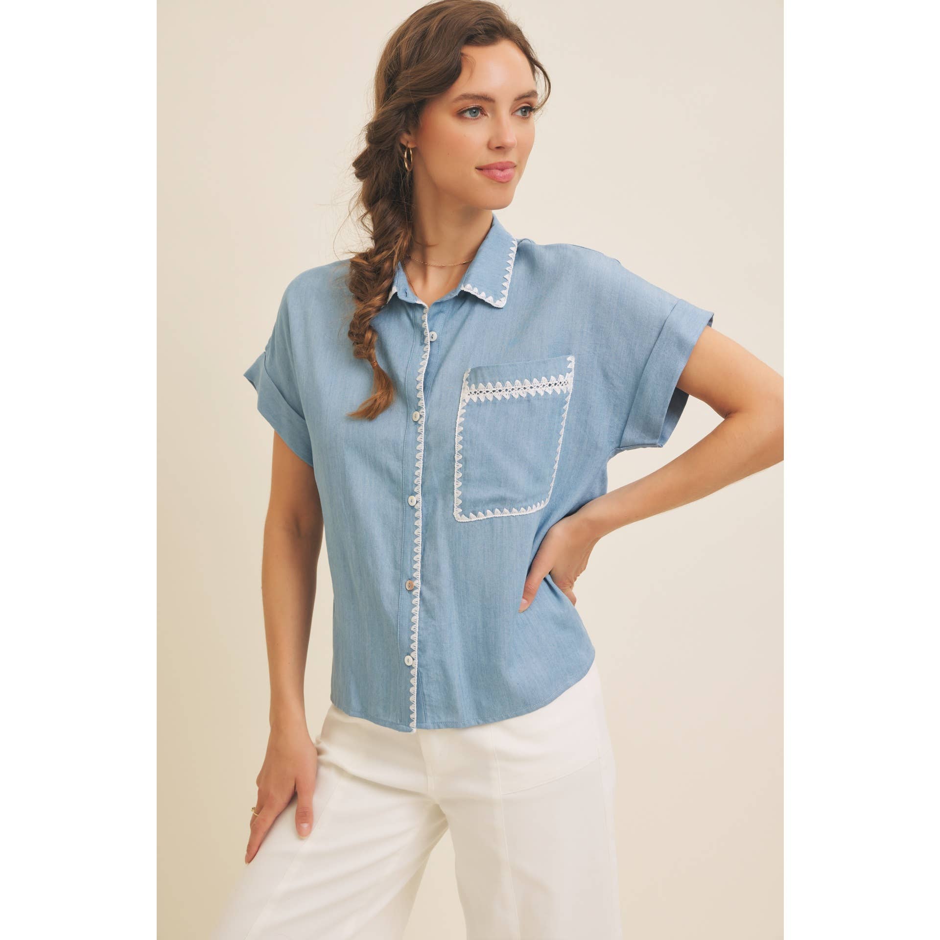 WASHED CHAMBRAY BUTTON-DOWN SHIRT WITH STITCHING for wholesale on Faire4
