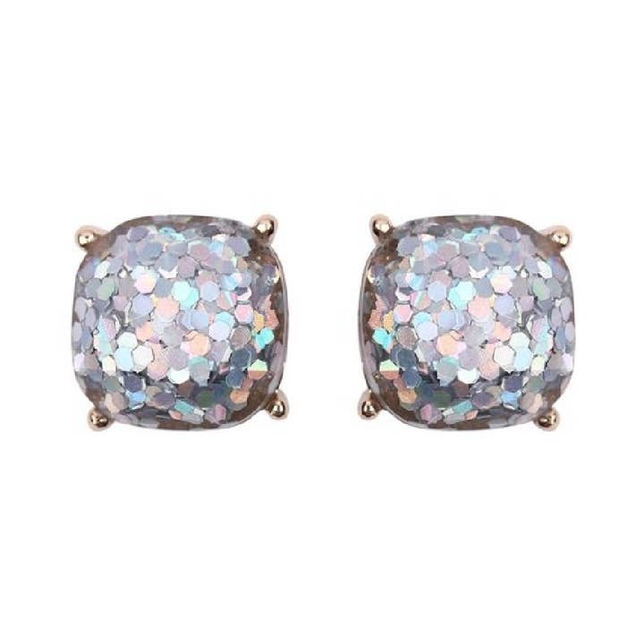 DOBBI - Wholesale Stud/Post Earrings - FACETED GLITTER CUSHION ACRYLIC POST EARRINGS