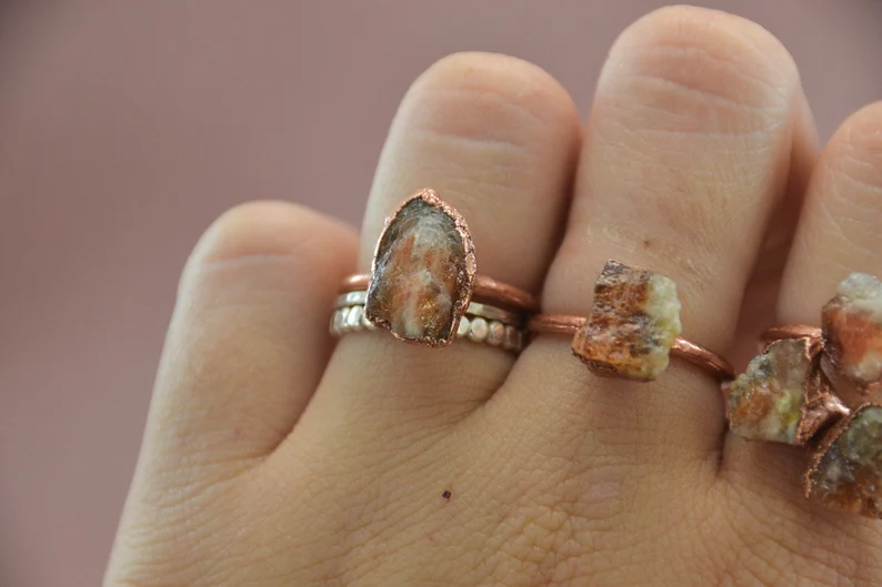 Daddy Daughter Jewelry - Wholesale Single Stone/Solitaire Ring - Raw Sunstone Copper Stone Ring || Flashy Sunstone Ring7