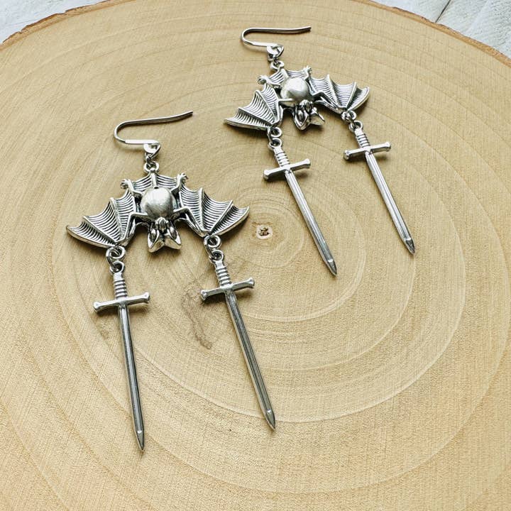 Bat & Sword Earrings, Emo Witchy Gothic Jewelry for wholesale by Same Sunset Design