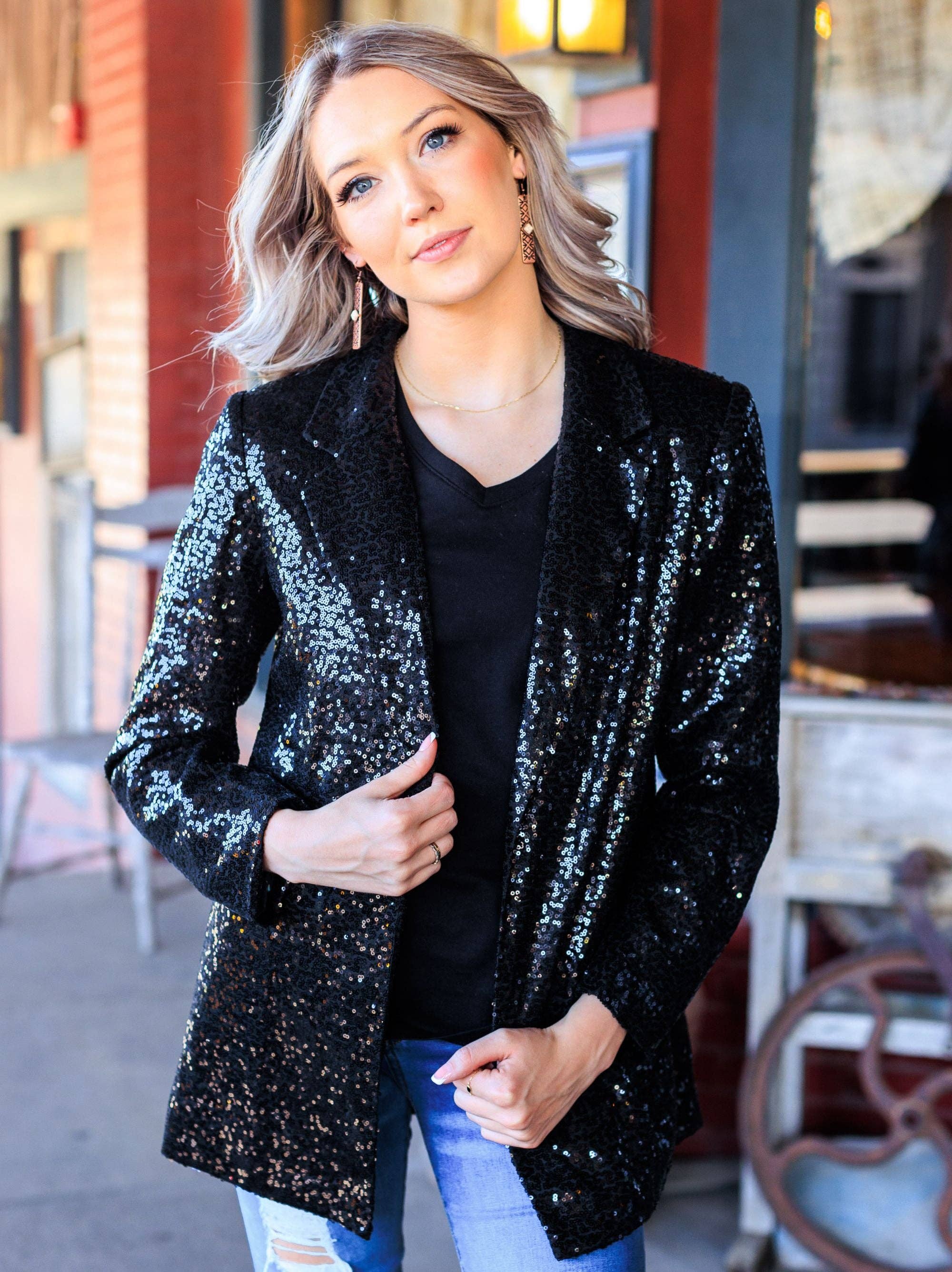 Mix Pattern Spotlight Worthy Sequin Blazer in Black for wholesale on Faire