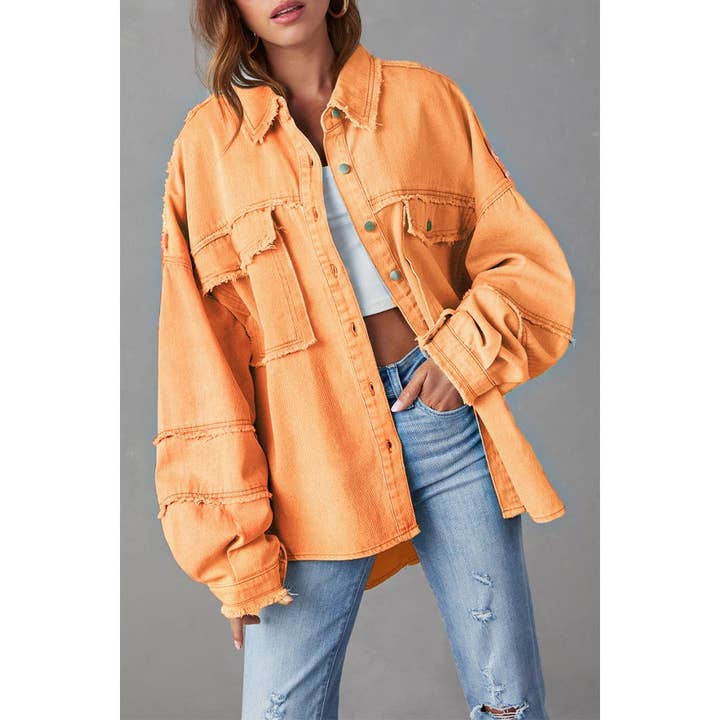 Veste mi-longue décontractée en jean délavé de couleur unie pour la vente par Paperdoll