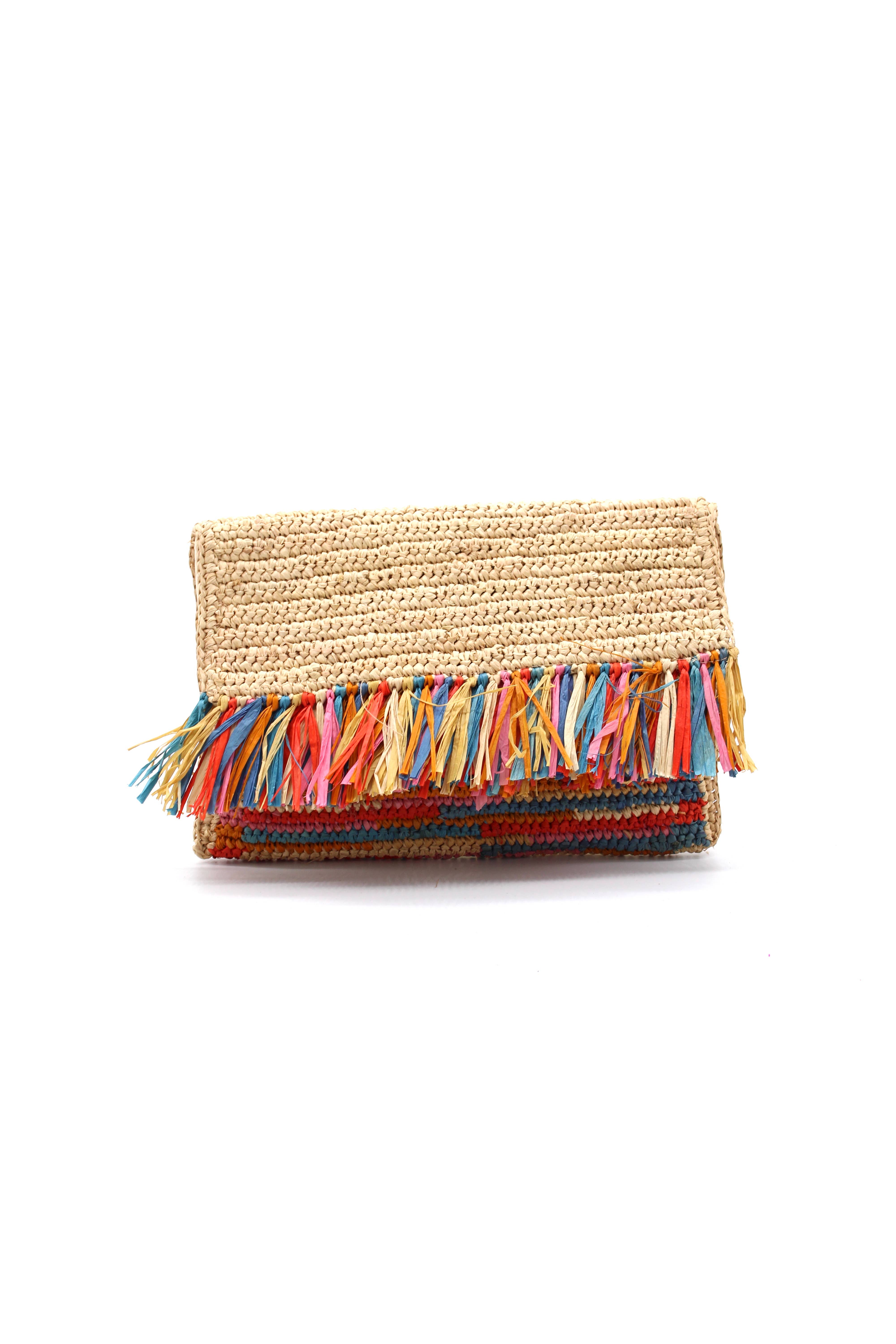Shebobo – wholesale Clutch bag – women's – Coco Crochet Straw Clutch with Raw Fringe Trim0