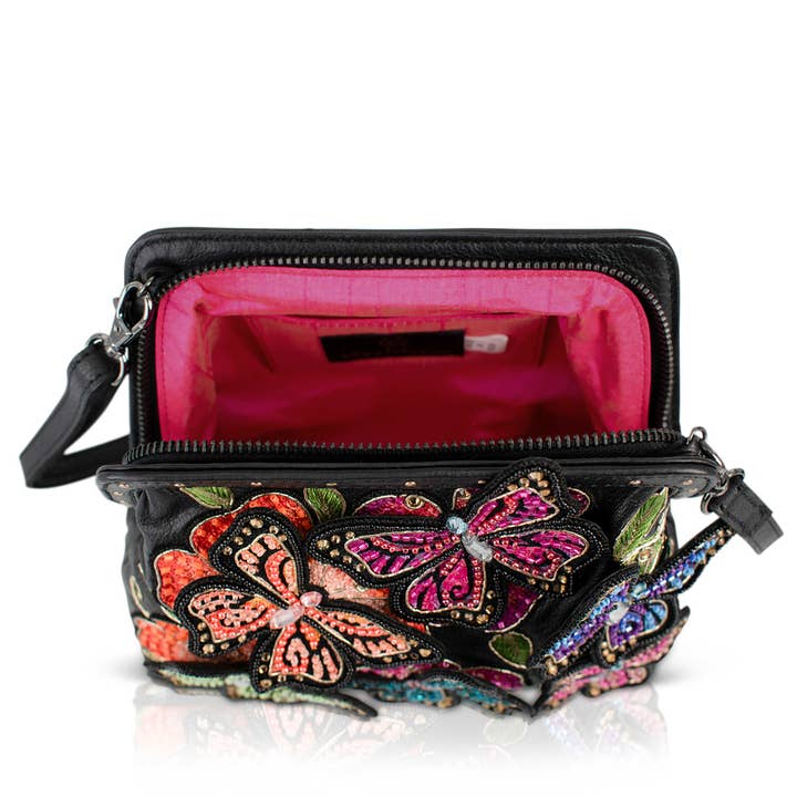 Mary Frances Accessories - Wholesale Crossbody Bag - Women's - Butterfly Kiss Colorful Butterflies on Black Leather Bag4