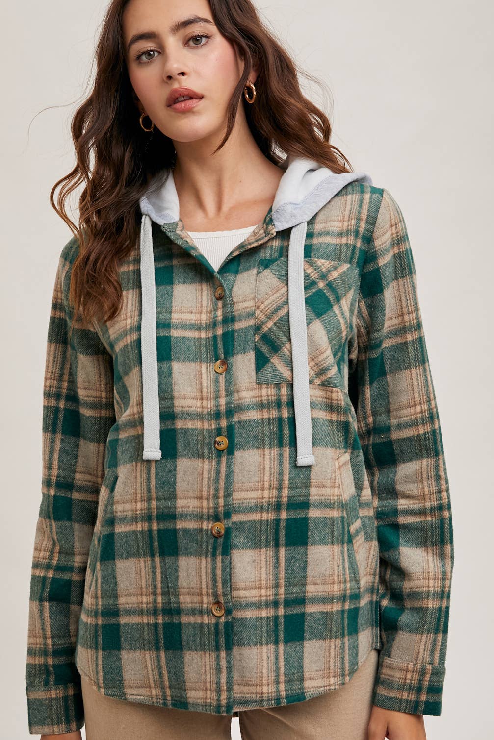 Bluivy – wholesale Shirt Jacket/Shacket - Women’s – HOODED FLANNEL BUTTON FRONT SHIRT JACKET18
