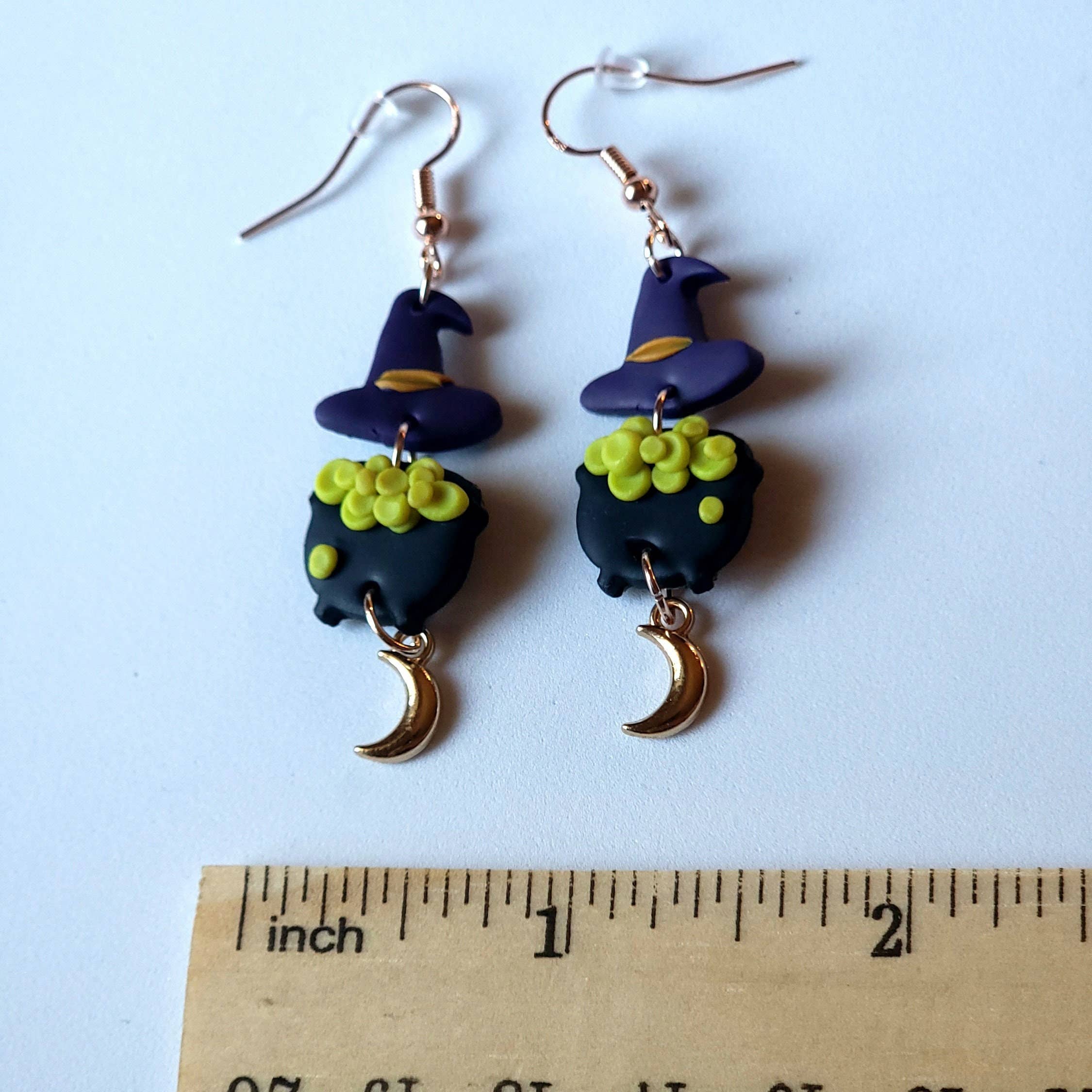 Foxy Method - Wholesale Dangle Earrings - Spooky Witch Bubbling Cauldron Halloween Hat Earrings, Witch2
