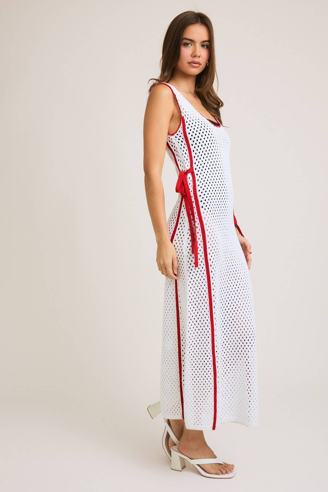 WHITE RED SLEEVELESS DRESS WITH RIBBON BOW ON THE SIDE for wholesale on Faire1