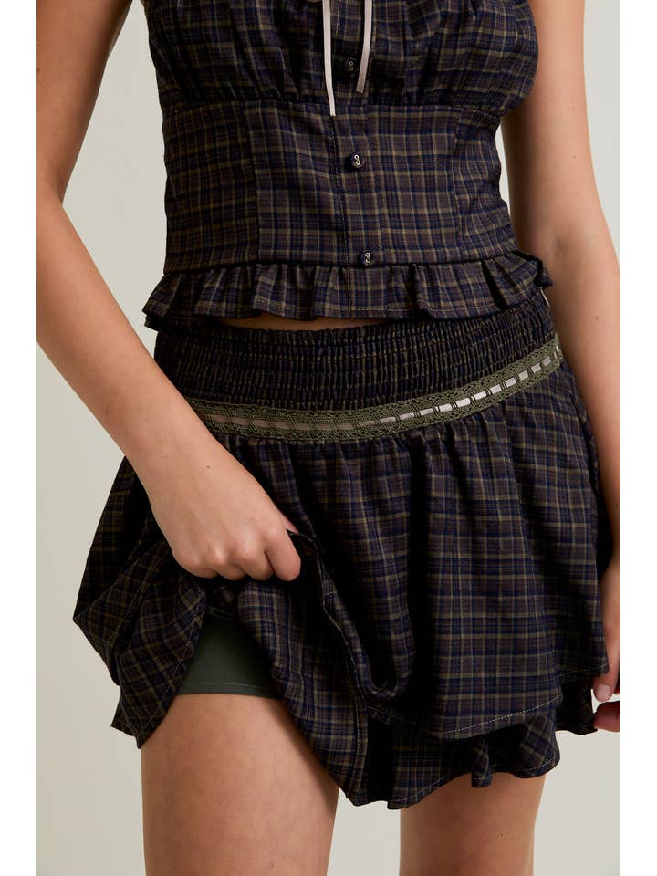 OLIVE NAVY PLAID SLEEVELESS TOP WITH TRIM DETAIL WITH MID RISE SKIRT for wholesale on Faire6
