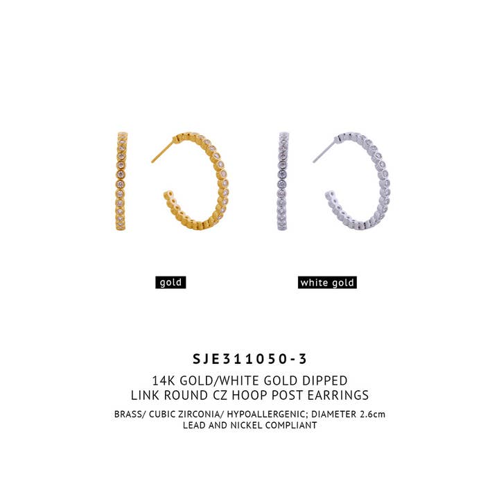 Hana - Wholesale Hoop Earrings - 14K Link Round CZ Hoop Post Earring8