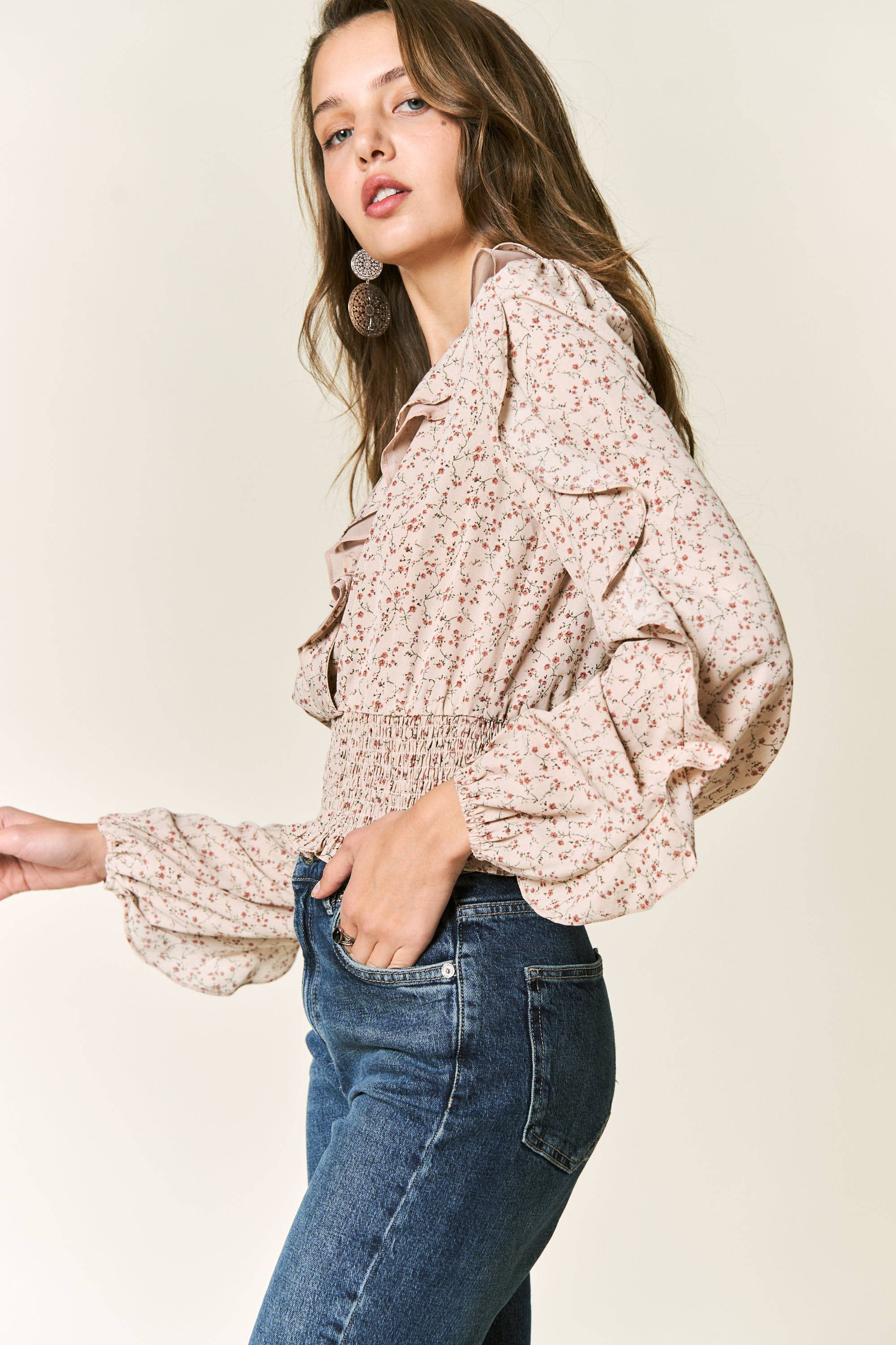 Petal Dew - Vendita all'ingrosso Camicetta - Donna - BLUSA FLOREALE TOP SMOCKING CROPPED INCRESPATO - P0003011