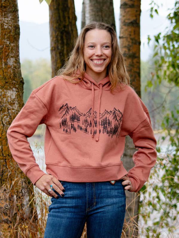 The Montana Scene - Wholesale Hoodie - Women's - Mountain Sketch Ladies Crop Hoodie - Desert Rose1
