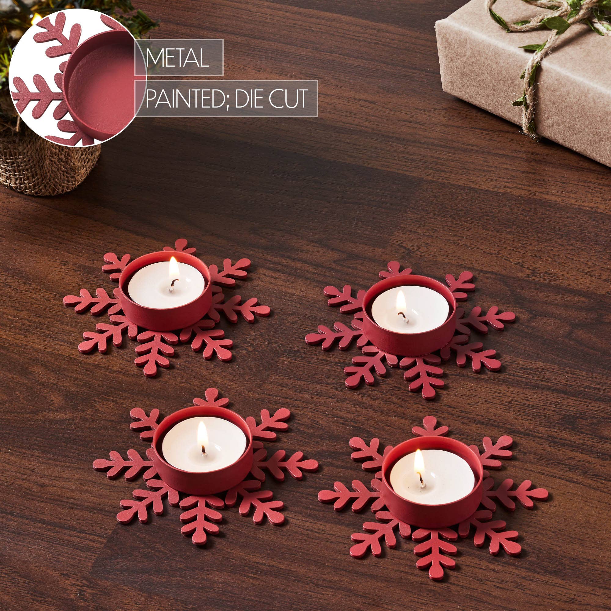 VHC Brands - Wholesale Candle Holder - Tealight Holder Snowflake Barn Red Set of 4 0.6x4.13x4.131