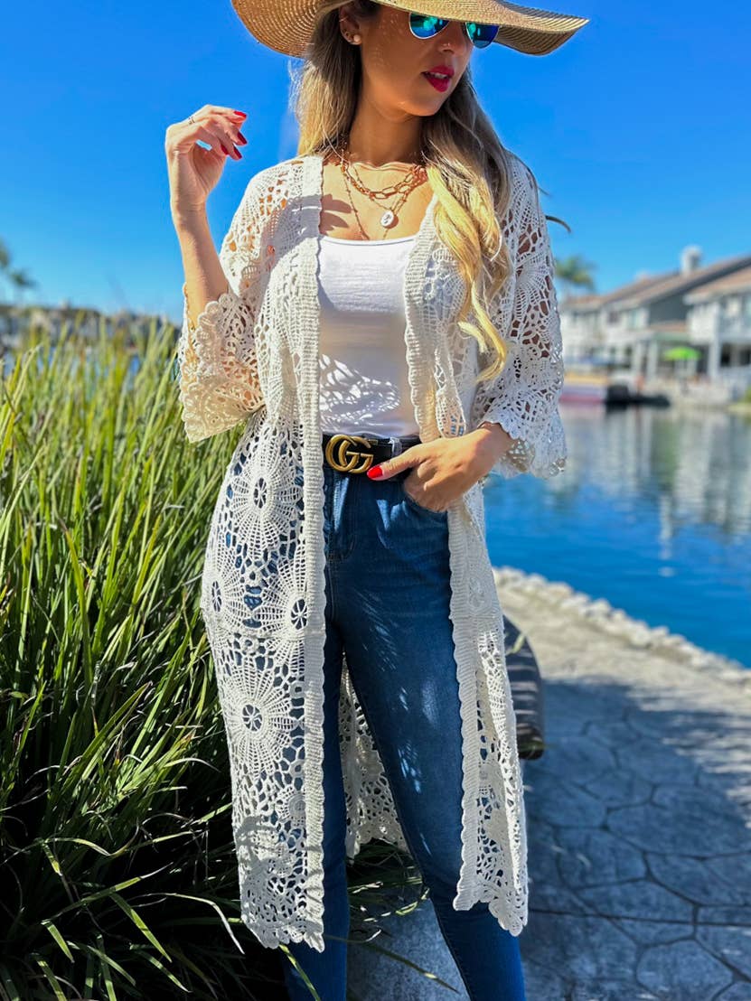 Ivory Bold Floral Printed Crochet 3/4 Sleeve Kimono Cardigan for wholesale on Faire2