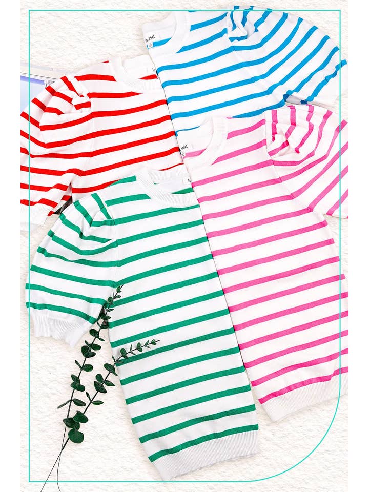 La Miel - Wholesale Knit Top - Women's - JCS3562-Lightweight Puff Short Sleeve Stripe Knit Top19