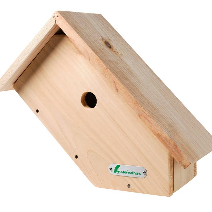 Handgefertigter Vogelkasten aus Holz mit Seitenansicht für den Großhandel von Green Feathers
