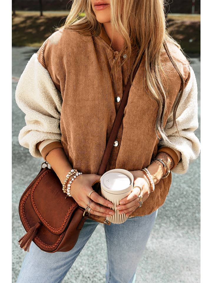 Buckskin LDC Corduroy Fleece Patchwork Buttoned Bomber Jacket for wholesale on Faire
