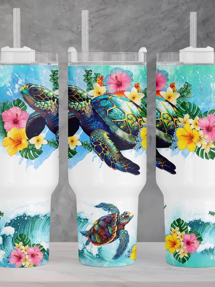 40oz Sea Turtle Tumbler with Handle for wholesale by Kerri's Custom Creations