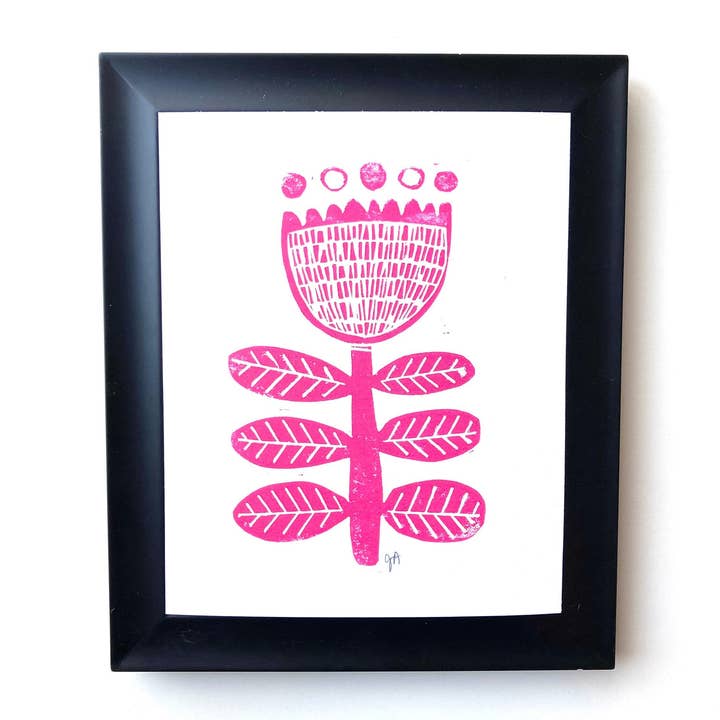 Scandinavian flower linoleum print - Original linocut (8x10) for wholesale by The Big Harumph