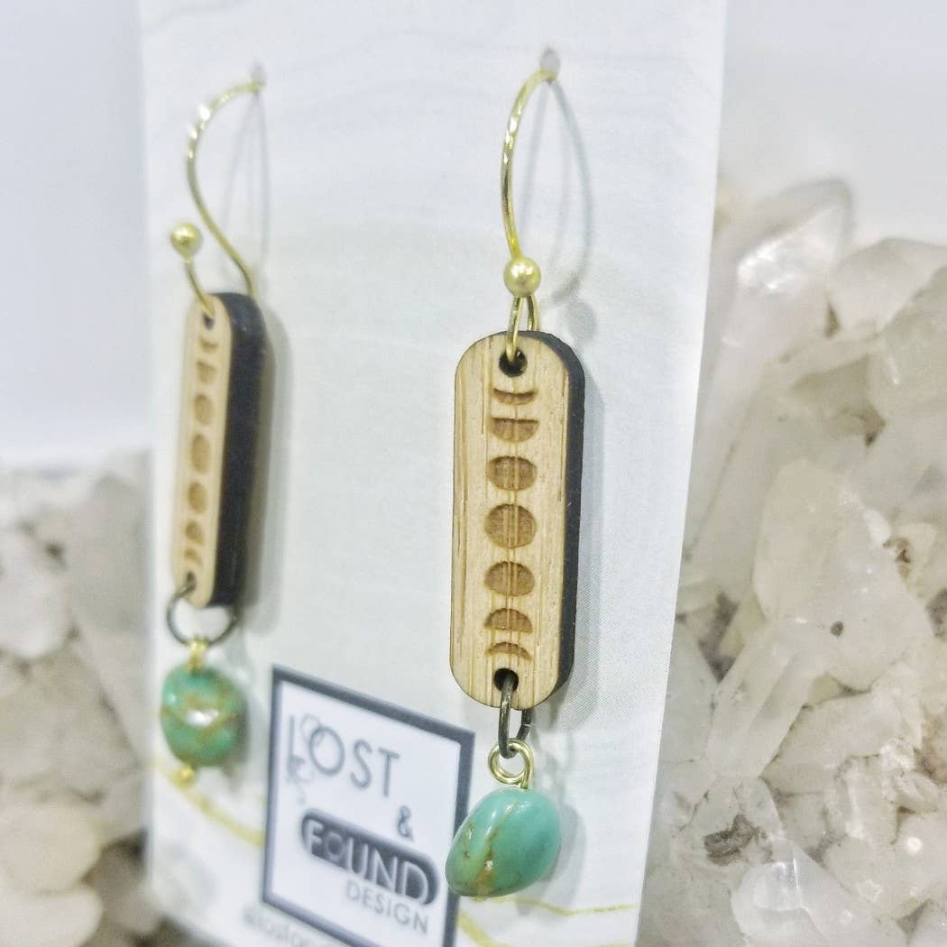 Lost & Found Design - Wholesale Dangle Earrings - Moon phases wood earrings with turquoise stone2