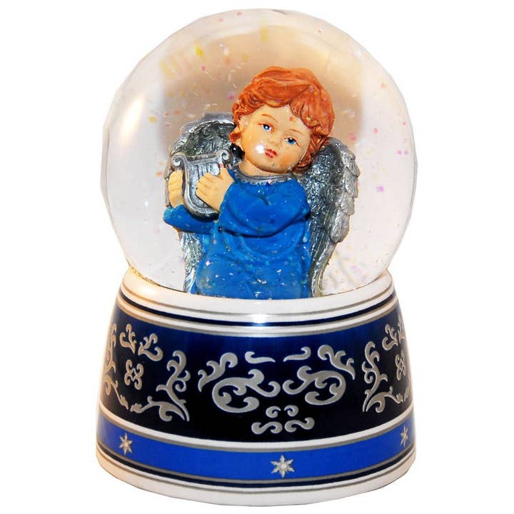 Schneekugel Engel blau mit Harfe mit Spieluhr 100 mm für den Großhandel von Schneekugelhaus