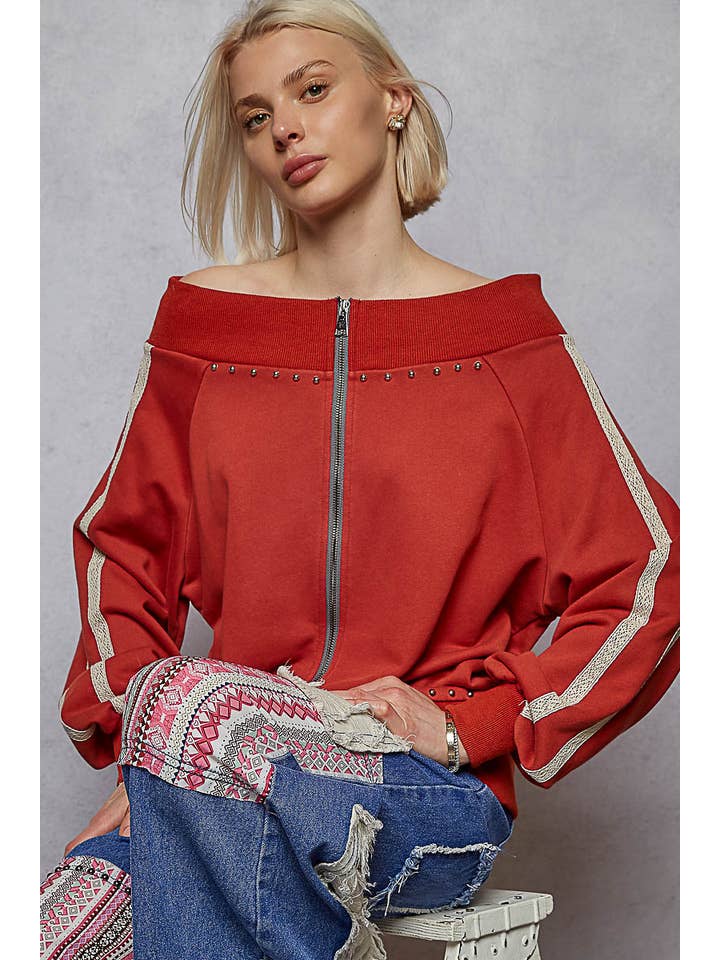 Pol Clothing - Wholesale Knit Top - Women's - Solid off shoulder lace trim detail French terry knit top5