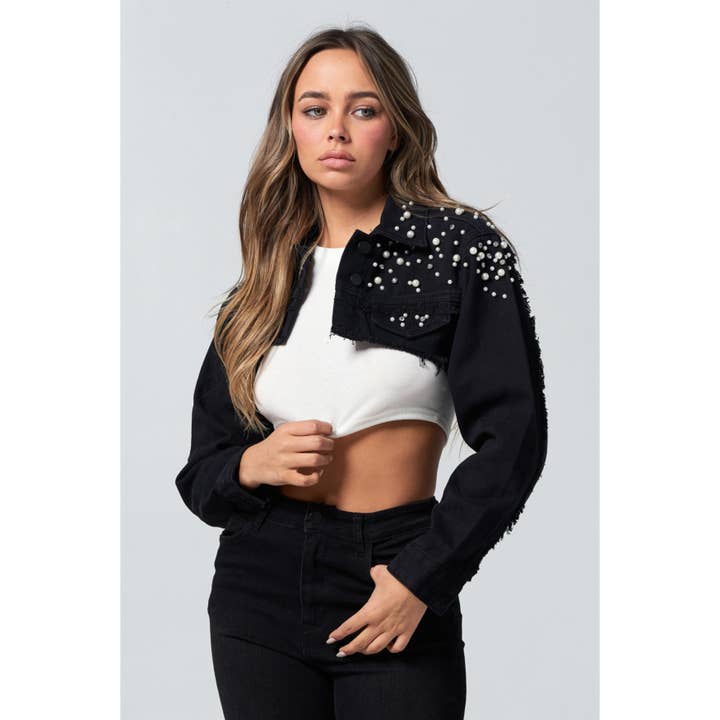 Blue Turtle - Wholesale Denim Jacket - Women's - Diamond Pearl and Rhinestone Super Crop Denim Jacket Light JK22077