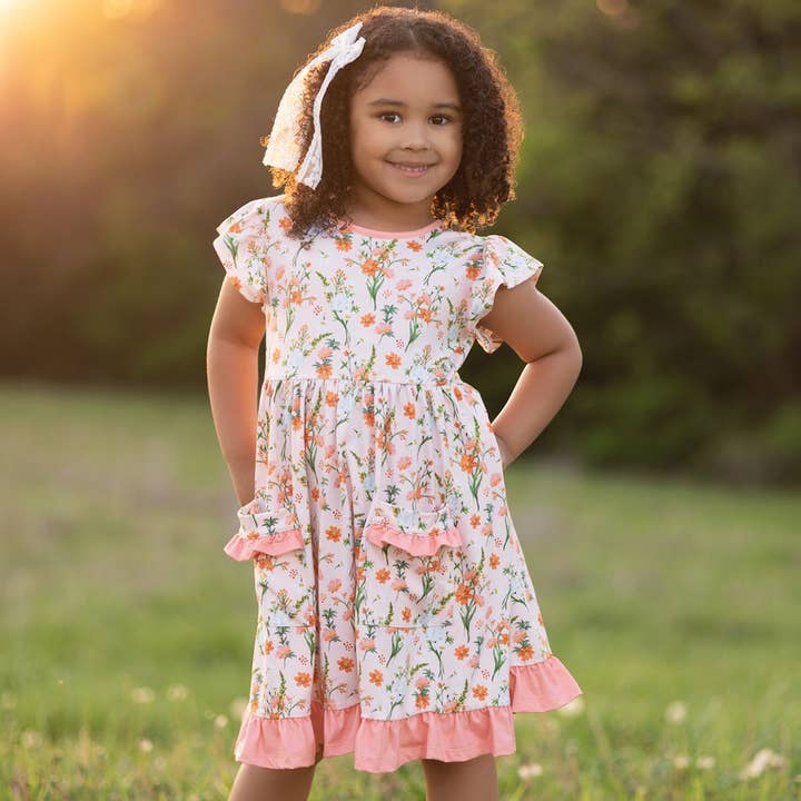 Girls Coral Audrey Floral Patch-Pocket Dress for wholesale by Millie Loves Lily