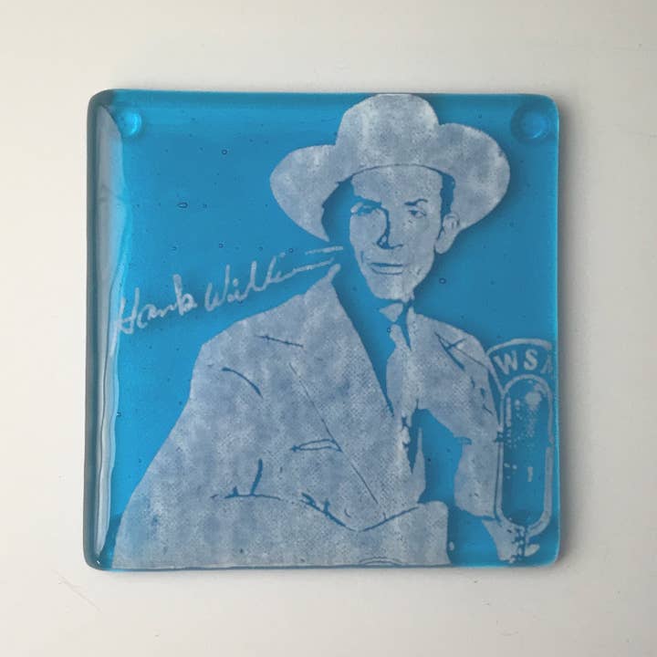Hank Williams Fused Glass 4" Single Coaster for wholesale by Kiku Handmade | Contemporary Fused Glass Home Goods