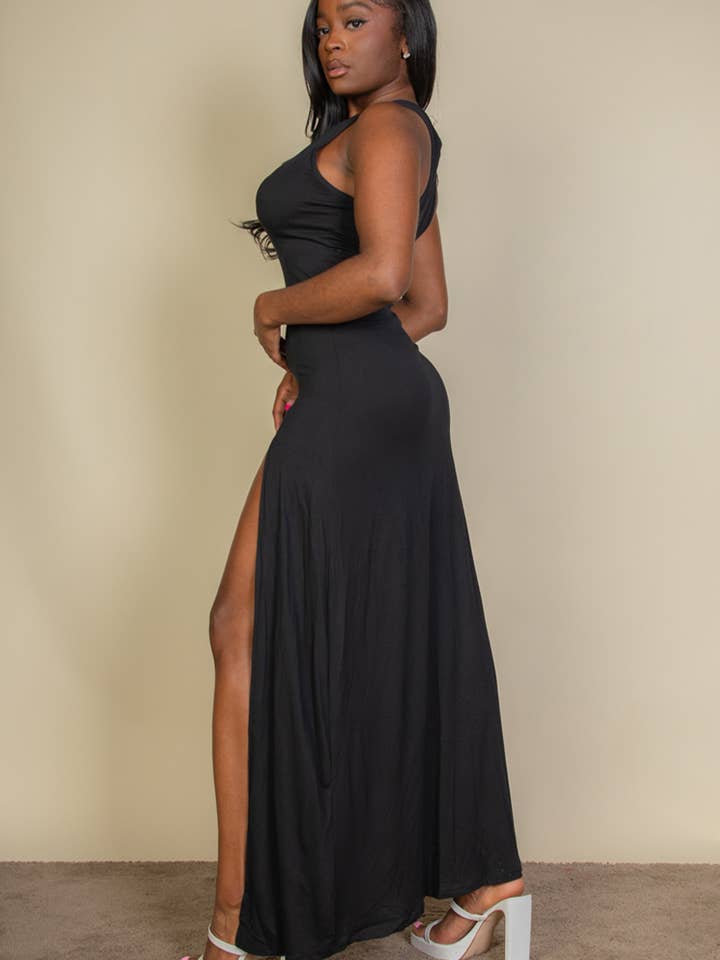 CAPELLA APPAREL - Wholesale Dress - Women's - Plunge Neck Thigh Split Dress2