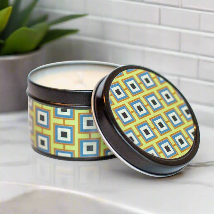 Vela de viaje moderna de mediados de siglo con forma de cuadrado, no alineada, verde para venta al por mayor de Mod Lounge Paper Company