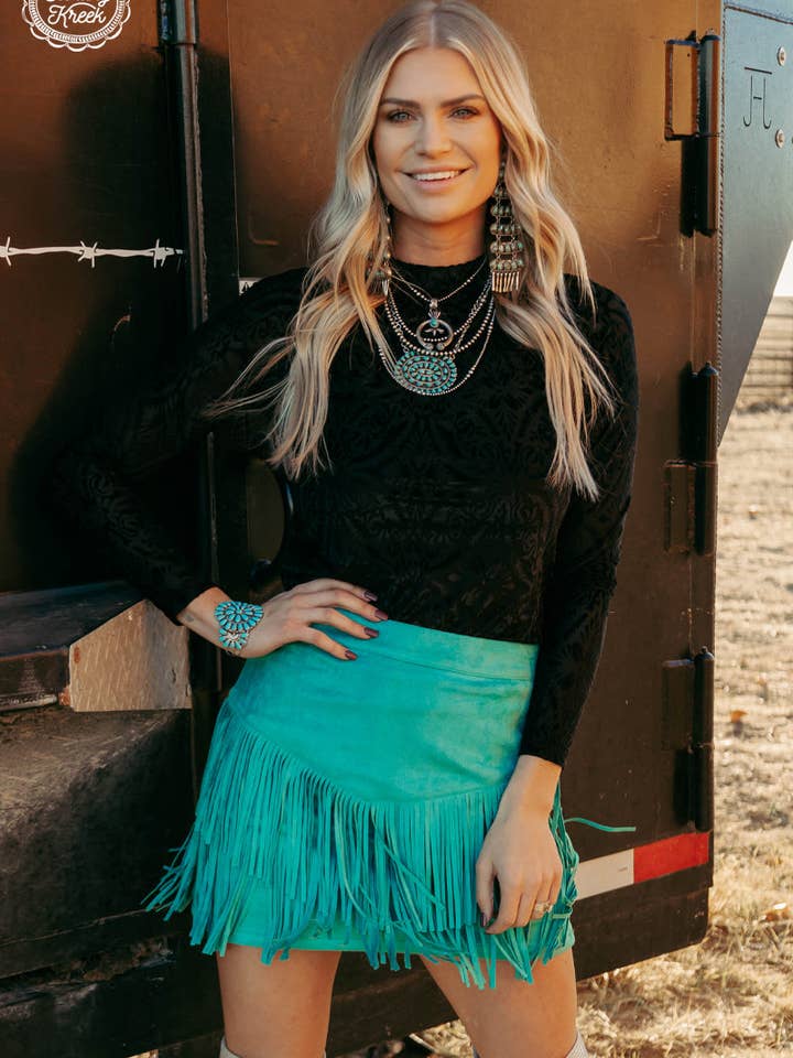 Sterling Kreek - Wholesale Skirt - Women's - FORT WORTH FRINGE SKIRT TURQUOISE