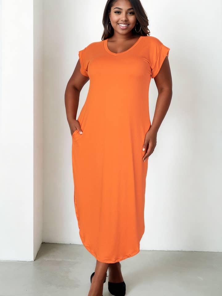 CAPELLA APPAREL - Wholesale Dress - Women's - Plus Size Hidden Pocket Batwing Sleeve V Neck Long Dress10