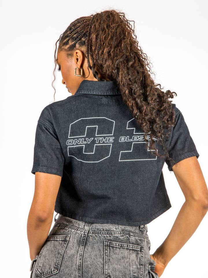 Cropped Denim Relaxed Varsity Shirt for wholesale by LIQUOR N POKER