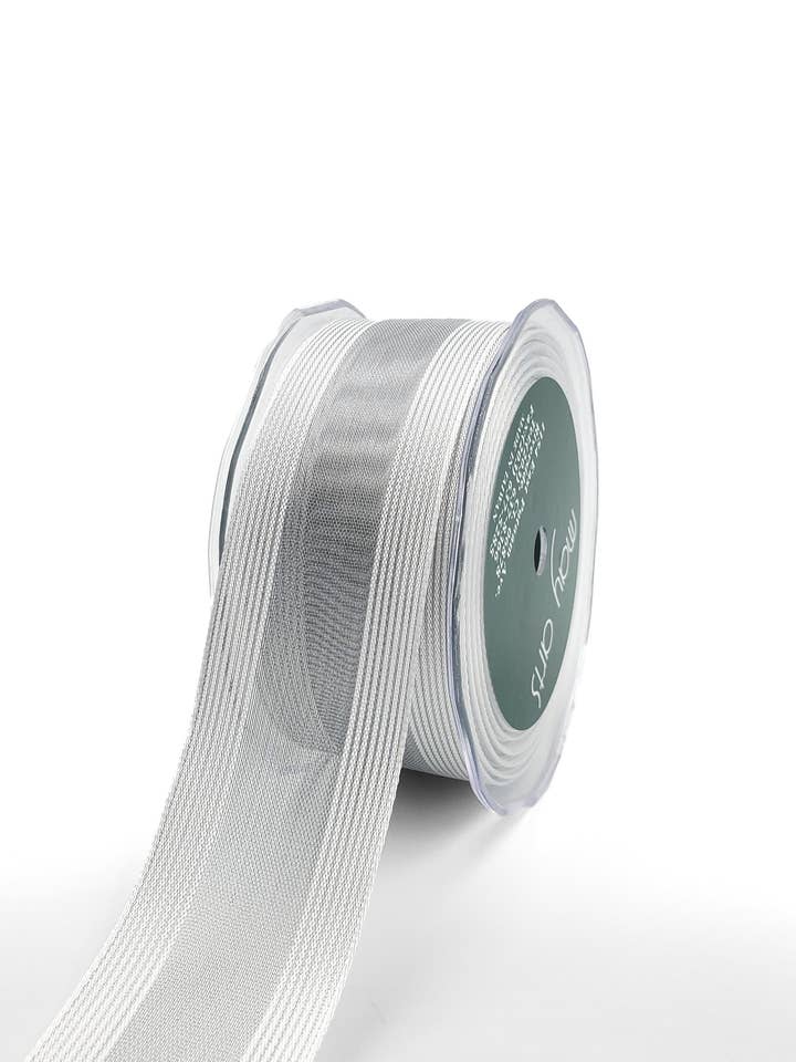 Ruban câblé à rayures blanches métalliques argentées transparentes de 1,5 po pour la vente par May Arts Ribbon